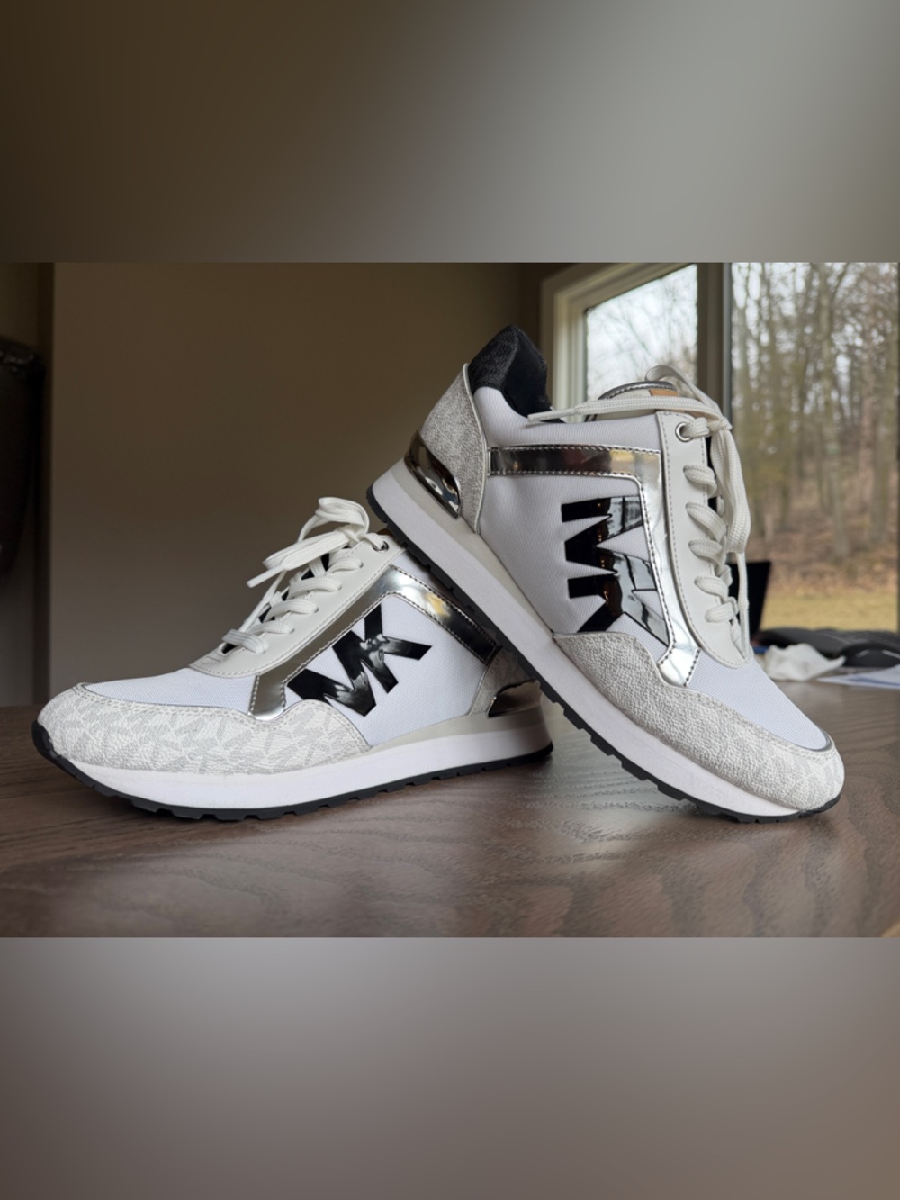 Michael Kors White, Silver & Black MK Runner Sneakers